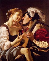 A Luteplayer Carousing With A Young Woman Holding A Roemer - Hendrick Terbrugghen