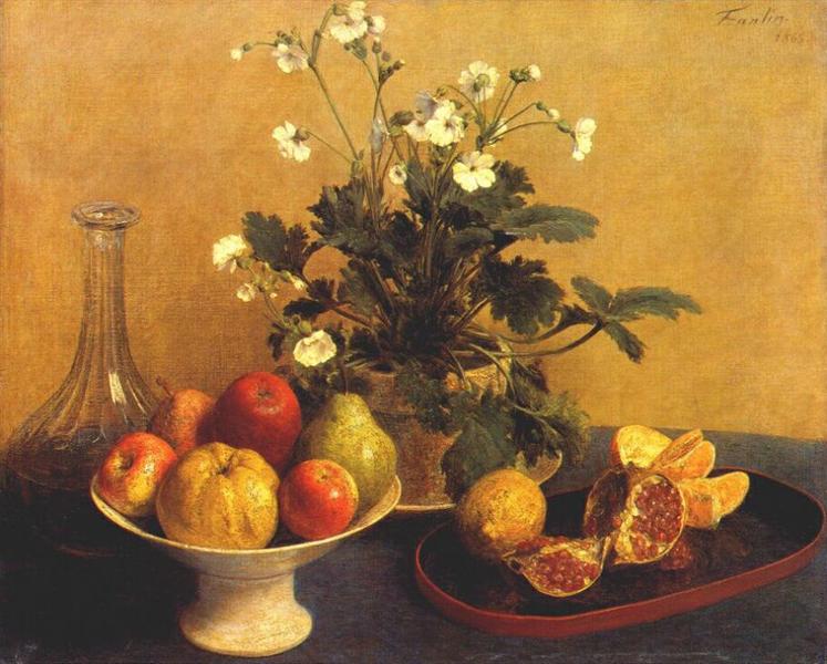 Still life. Flowers, Bowl of Fruit and Pitcher, 1865 - Анрі Фантен-Латур