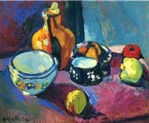 Dishes and Fruit on a Red and Black Carpet - Henri Matisse