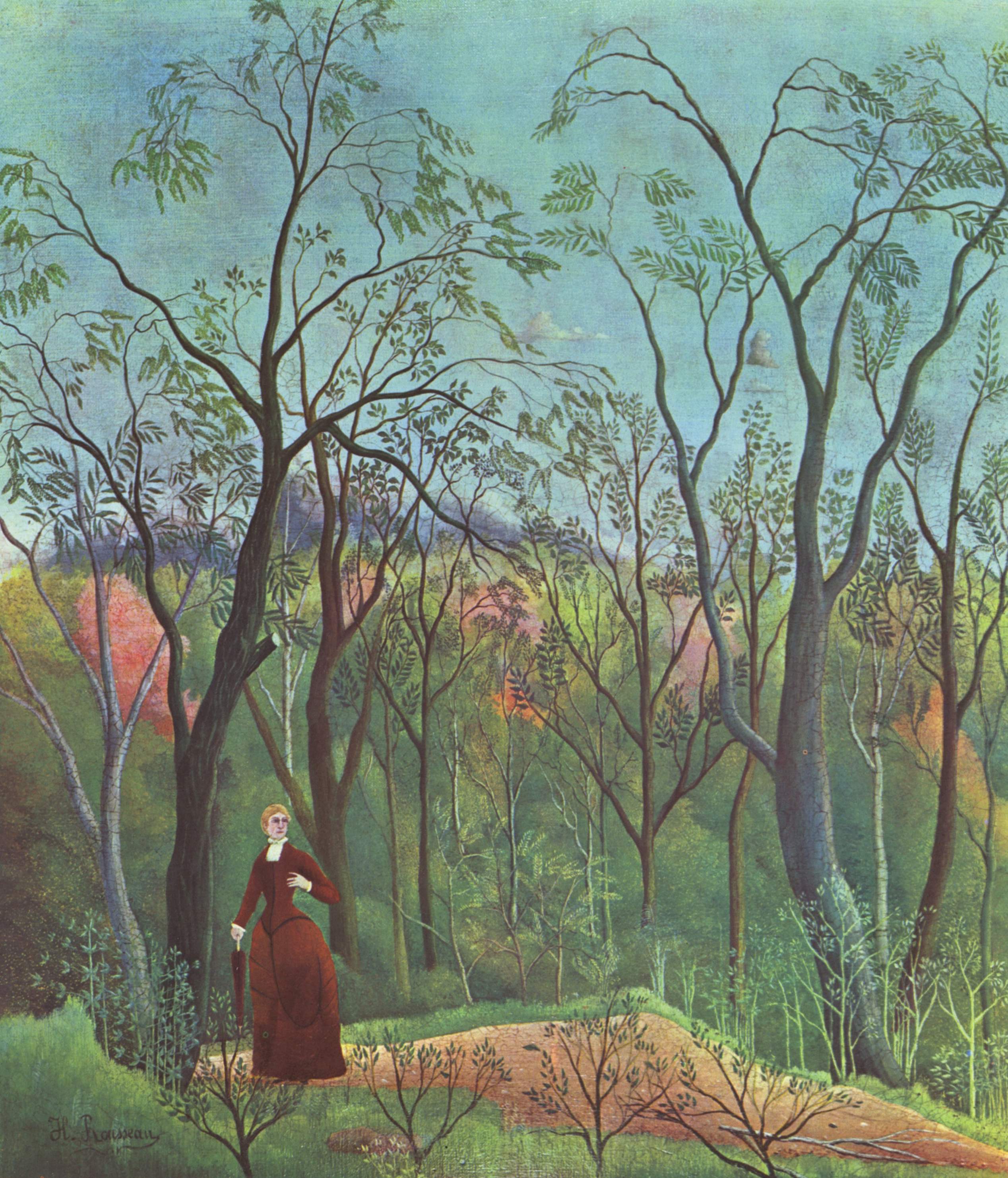 Oil painting Henri Rousseau Promenade in the Forest Young woman in landscape 