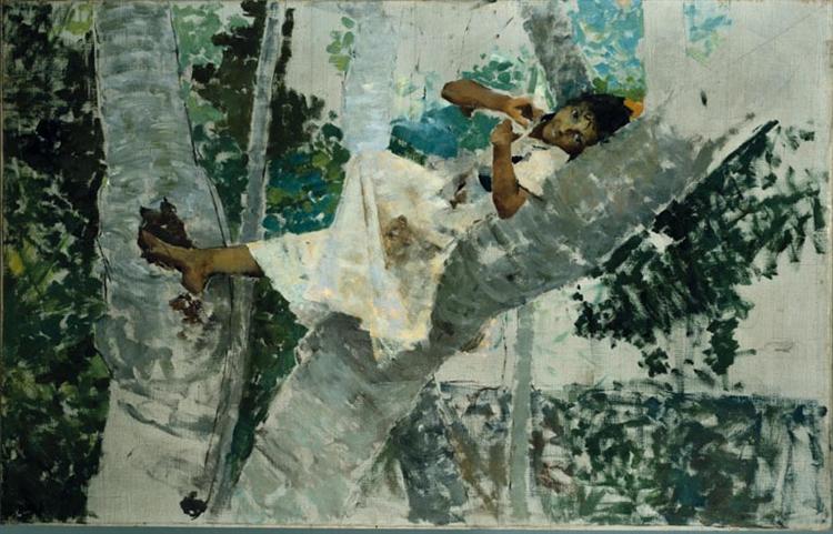 Girl lying on a tree trunk, 1883 - Энрике Позао