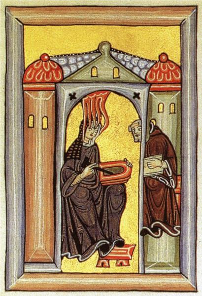 Frontispiece of Scivias, showing Hildegard receiving a vision, dictating to Volmar, and sketching on a wax tablet - Hildegard von Bingen