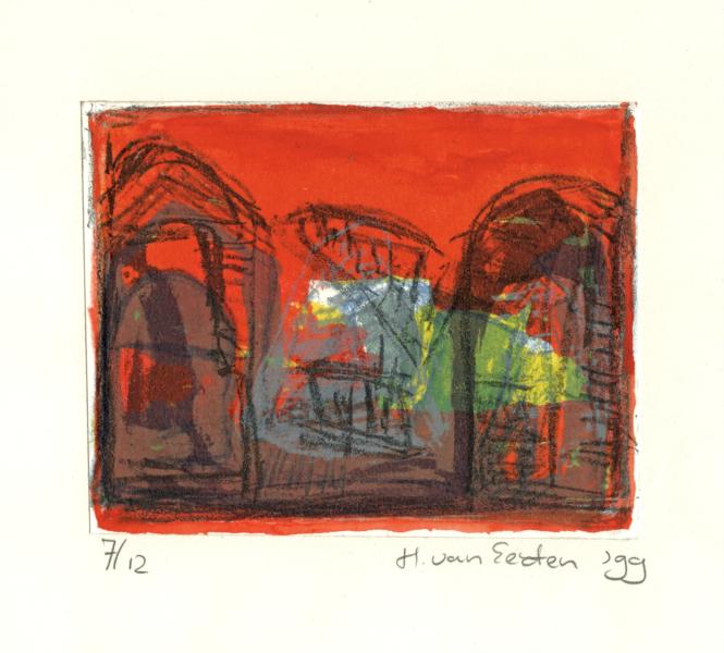 'Three tombstones in red', 7/12 -  lithography fine print art; 1999; graphic artist Hilly van Eerten, 1999 - Hilly van Eerten