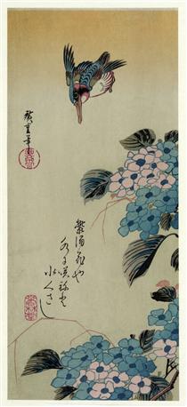 Bullfinch and weeping cherry blossoms, 1834 - Katsushika Hokusai 