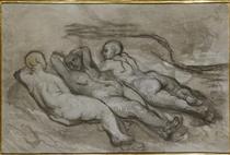 Study of three naked women lying at the foot of a cliff - Honoré Daumier