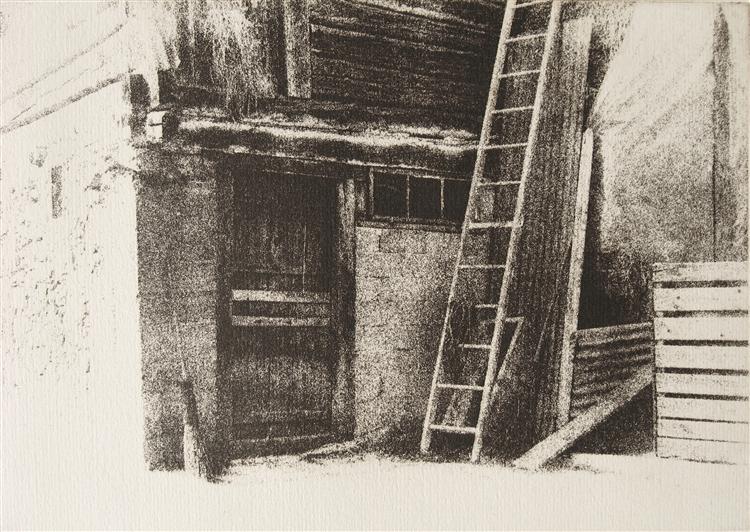 Barn in the village Aux Posses-Dessous, canton Vaud - photo-etching of rural Switzerland, 1981 - Hubertine Heijermans