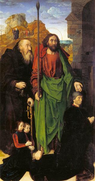 The Portinari Altarpiece, St. Thomas and St. Anthony the Hermit with Tommaso Portinari and two sons Antonio and Pigello, Left Wing, c.1475 - Hugo van der Goes