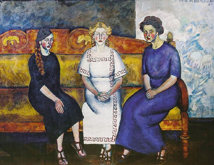Three sisters on the couch. Portrait of N. Samoilova, L. Samoilova and E. Samoilova, 1911 - Ilja Iwanowitsch Maschkow