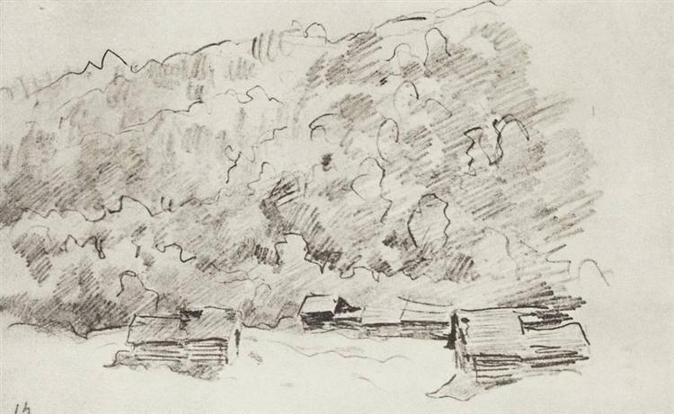 Ветхие избушки у подножия лесистой горы, 1890 - Исаак Левитан
