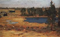 Lake. Barns at the forest edge. - Isaac Levitan