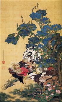 Rooster and Hen with Hydrangeas - 伊藤若冲