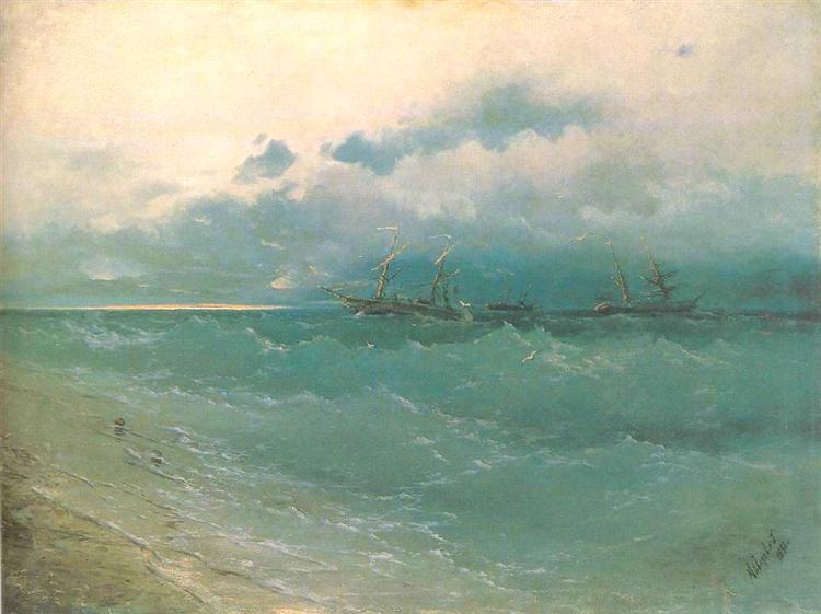 The ships on rough sea, sunrise, 1871 - Ivan Konstantinovich Aivazovskii