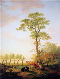 Dutch landscape with cattle and farm - Якоб ван Стрий