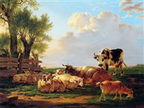 Meadow with cattle - Jacob van Strij