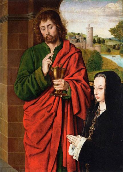 Anne of France, Lady of Beaujeu, Duchess of Bourbon, presented by St. John the Evangelist, right hand wing of a triptych, 1492 - Жан Хей