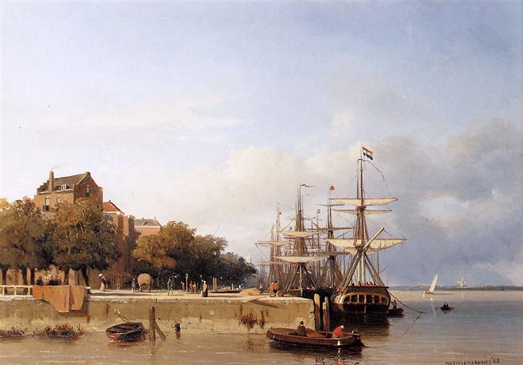 Ships on a quay - Johan Hendrik Weissenbruch