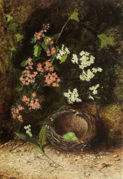 Still Life of Birds Nest with Primulas and Blossom, 1869 - John Atkinson Grimshaw