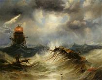 The Irwin Lighthouse, Storm Raging - John Wilson Carmichael