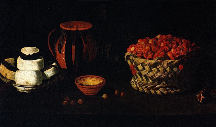 Кошик з вишнями, сиром і глиною, c.1670 - c.1679 - Хосефа де Обідос