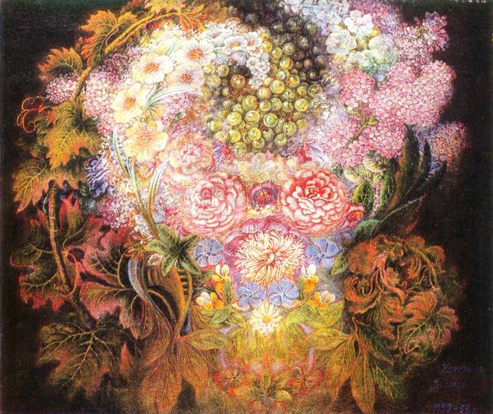 Flowers and viburnum, 1958 - Kateryna Bilokur