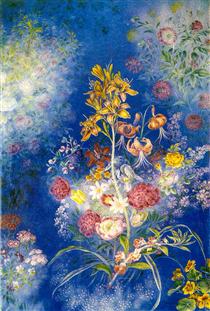 Flowers on the blue background - Екатерина Белокур