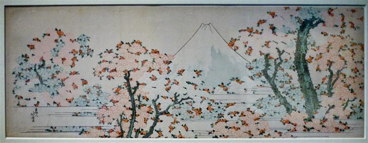 View on Mount Fuji between flowerin trees - Hokusai
