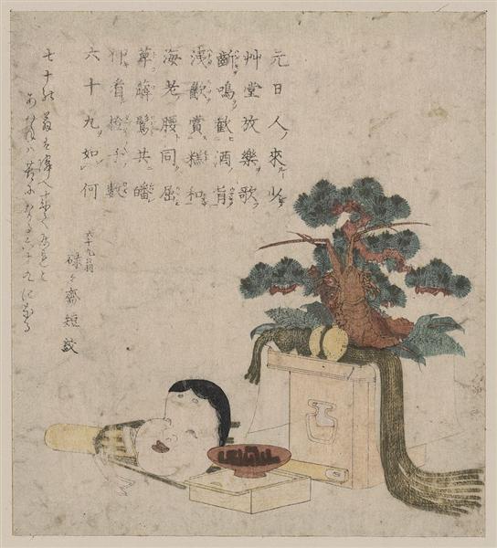Decoration of three treasures and a mask of Otafuku, 1823 - Keisai Eisen
