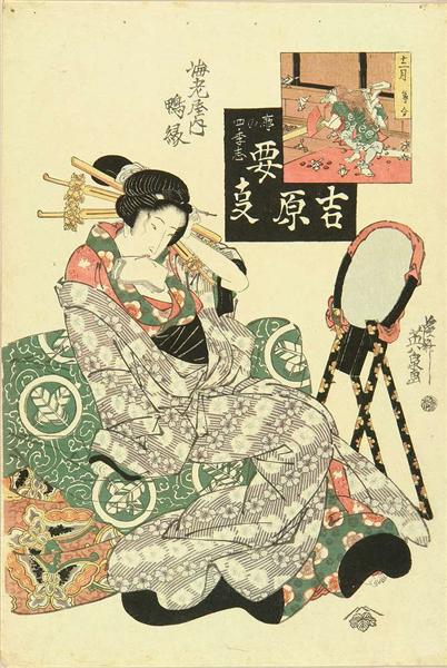 Portrait of the courtesan Kamoen of Ebiya relaxing on folded futon, 1825 - Keisai Eisen