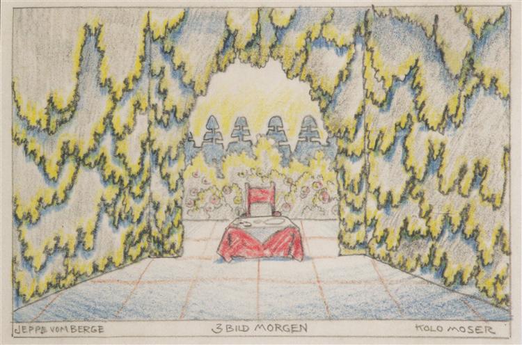 Stage design for 'Jeep from the mountain' of Louis Holzberg, stage 2 - Morning, c.1912 - Коломан Мозер