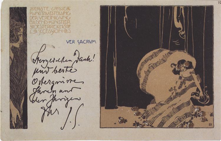 Ver Sacrum postcard nr. 12 I. Secessionausstellung  with greeting line of the art historian Julius von Schlosser, 1898 - Коломан Мозер