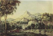 Landscape with waterfall and bridge - Костянтин Богаєвський