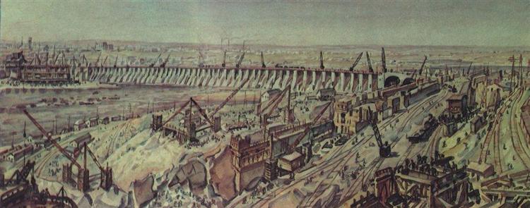 Panorama of construction of Dnieper Hydroelectric Station, c.1935 - Konstantin Bogaevsky