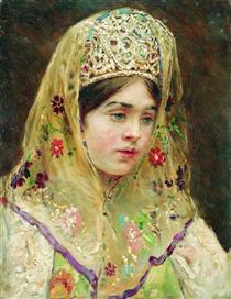 Portrait of the Girl in a Russian Dress - Constantin Makovski