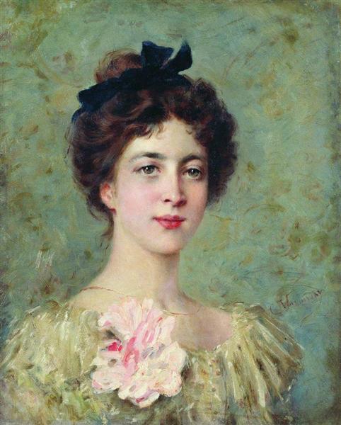 Portrait of the Young Lady with Pink Bow - Konstantin Makovsky
