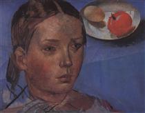 Portrait of the daughter against the backdrop of still-life - Kouzma Petrov-Vodkine