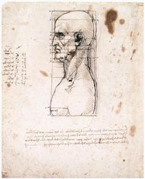 Bust of a man in profile with measurements and notes - 達文西