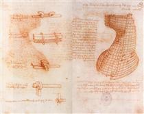 Подвійна сторінка рукопису на пам'ятнику Сфорца (Лиття голови та шиї) - Леонардо да Вінчі