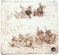 Page from a notebook showing figures fighting on horseback and on foot - Léonard de Vinci