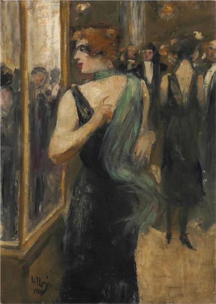 Lady in black evening dress with green scarf, 1908 - Lesser Ury