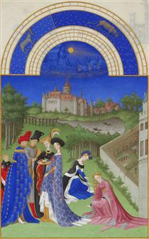 Calendar: April (Courtly Figures in the Castle Grounds) - Брати Лімбурги