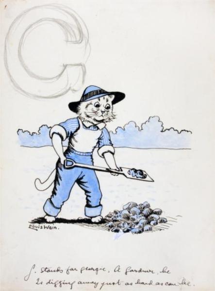G STANDS FOR GEORGIE, A GARDENER. HE IS DIGGING AWAY JUST AS HARD AS HE CAN BE - Louis Wain
