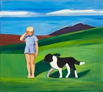 Boy and Dog in Icelandic Landscape - Louisa Matthiasdottir