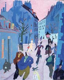 In a Village Near Paris (Street in Paris, Pink Sky) - Лионель Фейнингер