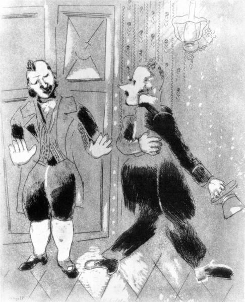 A doorman doesn't permit Tchitchikov to visit a governor, c.1923 - Marc Chagall