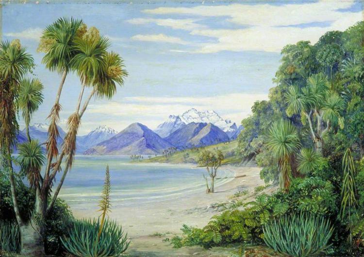 View of Mount Earnshaw from the Island in Lake Wakatipe, New Zealand, 1880 - Marianne North