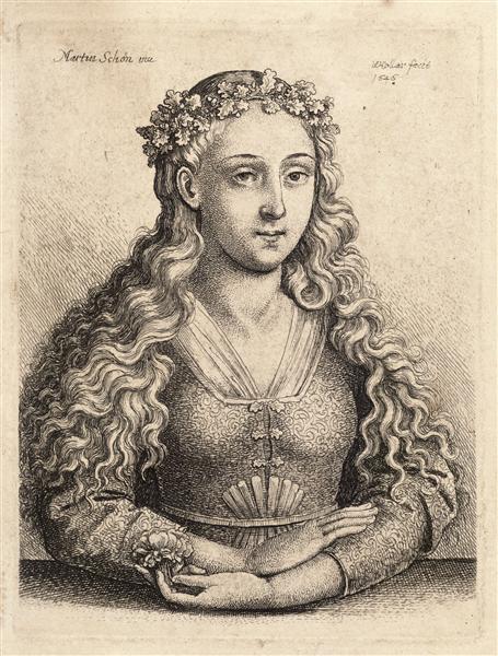 Woman with a wreath of oak leaves - Martin Schongauer