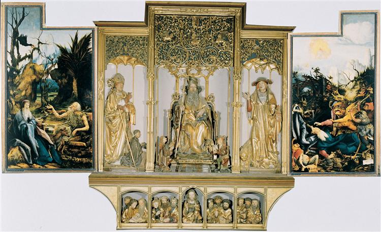 The second view of the altar. St Anthony Visiting St Paul the Hermit in the Desert (left), The Temptation of St. Anthony (right). Central part are carved figures of St. August, St. Anthony, St. Jerome; bottom part Jesus with 12 Apostles., 1510 - 1515 - 格呂内華德