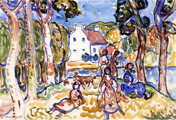 Landscape with Figures and Goat, c.1916 - c.1919 - Морис Прендергаст