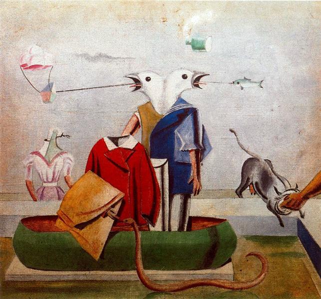 Пташка, ще пташка, риба-змія і опудало, c.1921 - Макс Ернст