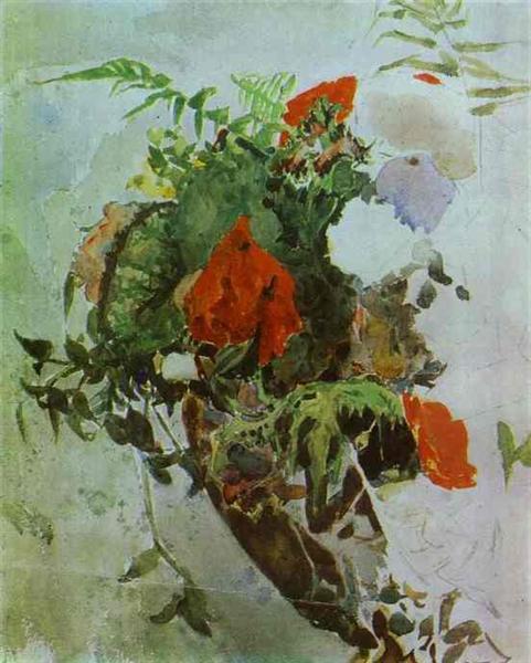 Red Flowers and Leaves of Begonia in a Basket, c.1887 - Михайло Врубель